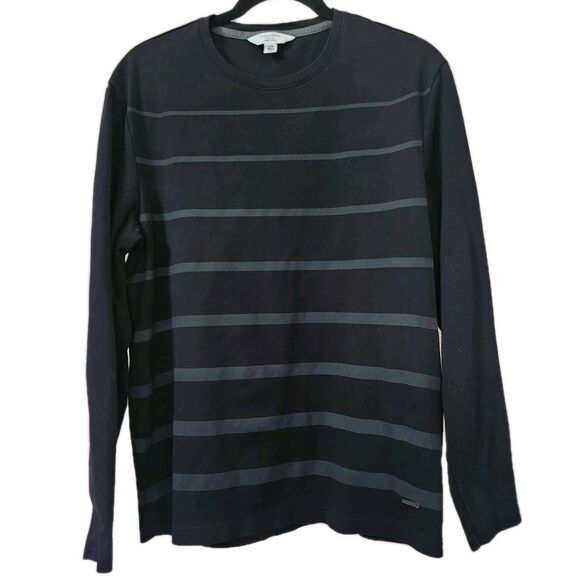 Calvin Klein Men's Large Long Sleeve Shirt Black Gray Striped Crewneck Athletic - Picture 1 of 7